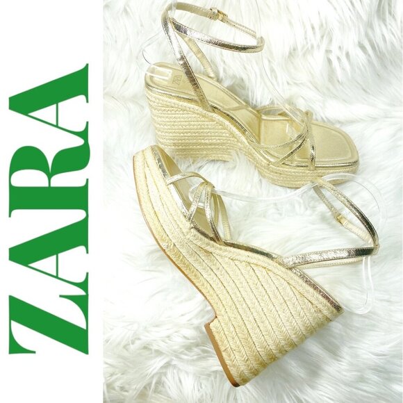 ZARA Gold Strappy Stacked Platform Wedge Open Toe Summer Sandal, Size 40 - Picture 2 of 11